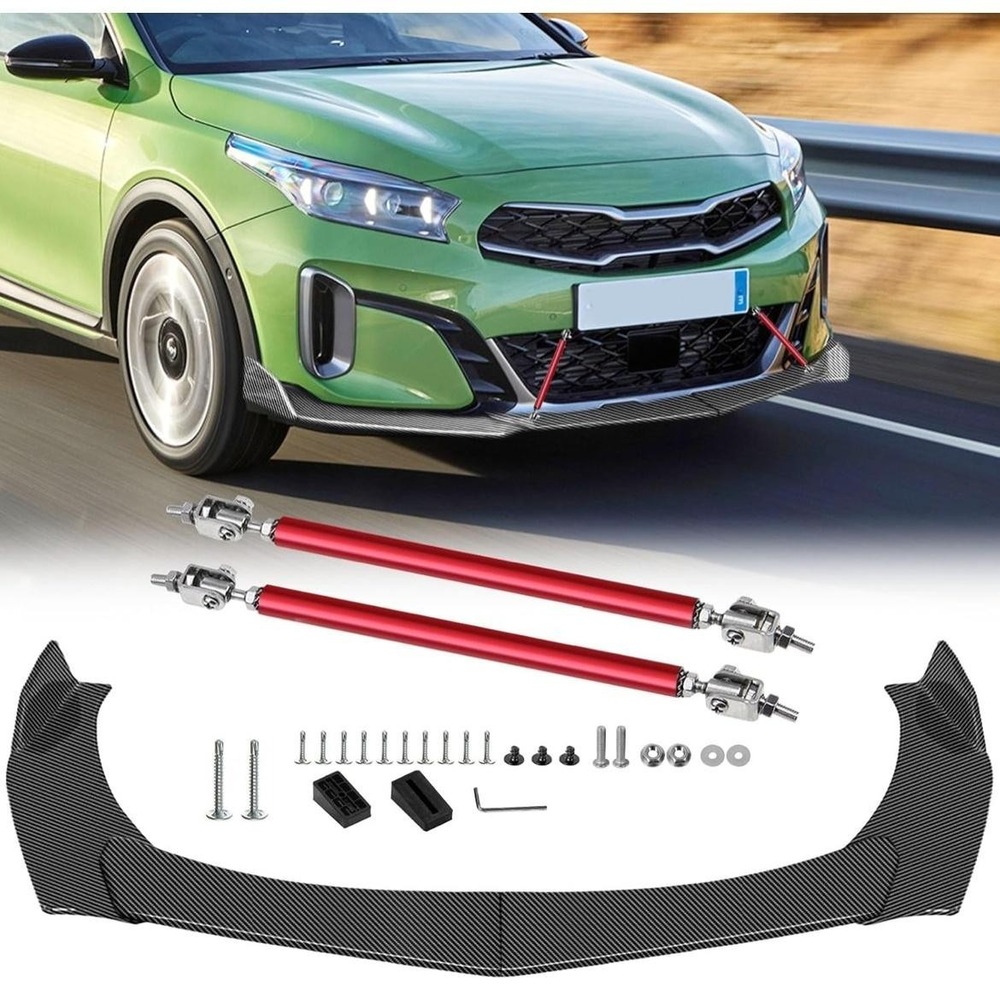 Carbon Fiber Front Bumper Lip Splitter Body Kit with Adjustable Red Support Rods